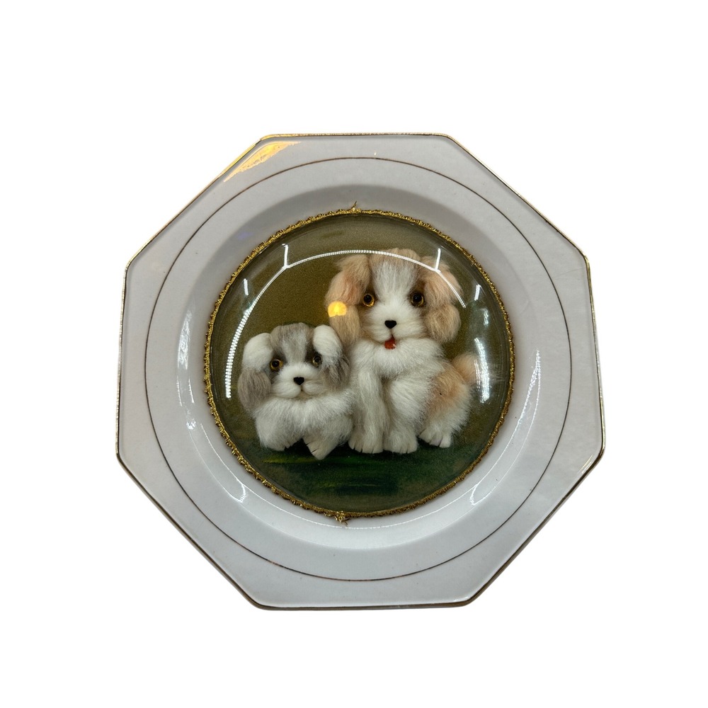 Vintage Liling China Octagon Plate Dogs‎ 3D Domed Display Decor Made In China